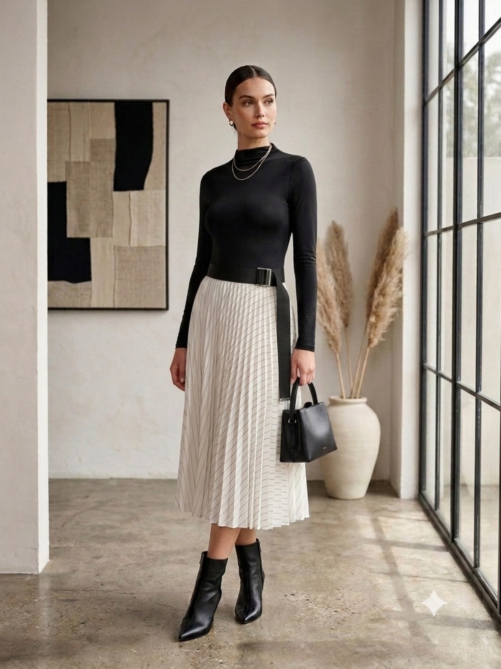 Sacai Pinstripe Pleated Midi Skirt Belted White Black 25-07803 JP 1 US S NWT
